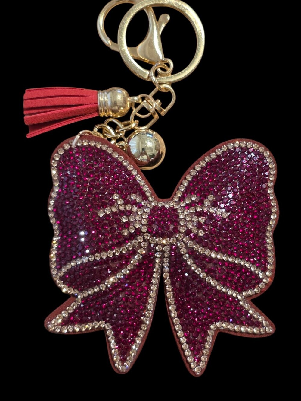 Burgundy Crystal Bow Bag Charm Keychain with Tassel and Bell